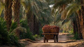 A cart filled with dates travels through a palm tree-lined path. photo