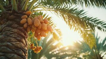 A close-up of a date palm tree with ripe dates, illuminated by sunlight in a serene setting. photo