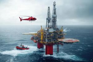 A helicopter approaches an offshore oil rig while a rescue boat navigates the surrounding waters. photo