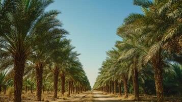 A serene path lined with palm trees under a clear blue sky. photo