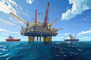 Illustration of an offshore oil rig surrounded by boats in a vibrant ocean setting. photo
