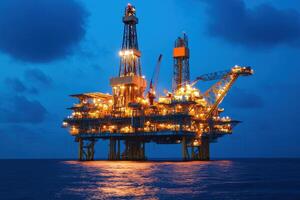 An illuminated offshore oil rig at dusk, showcasing industrial energy extraction. photo