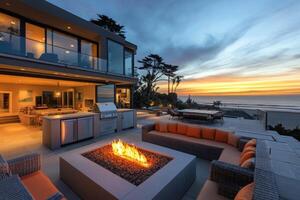 Modern seaside home with a fire pit, outdoor seating, and sunset view photo