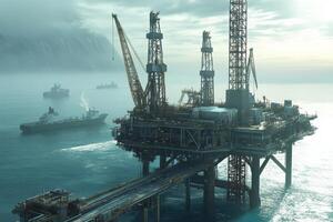 An offshore oil rig with ships in the background, set against a misty seascape. photo