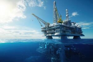 An offshore oil rig above and below the water's surface, showcasing industrial technology. photo