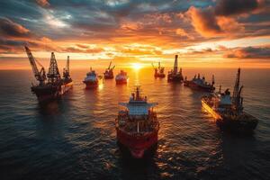 Aerial view of oil rigs at sunset in the ocean, showcasing industrial activity. photo