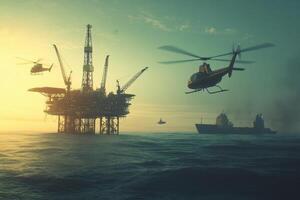 A scene depicting an offshore oil rig with helicopters and a ship in the background. photo
