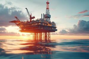An offshore oil rig stands majestically above the water at sunset, highlighting industry and technology. photo
