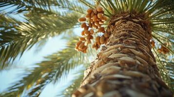 A close-up view of a palm tree with dates, showcasing its texture and natural beauty. photo