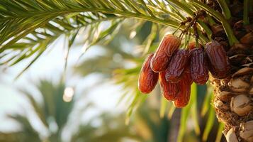 Close-up of ripe dates hanging from a palm tree, showcasing natural beauty and abundance. photo