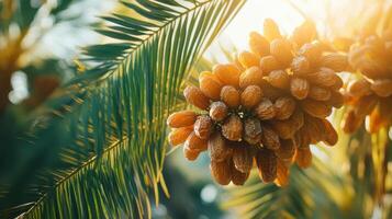 Close-up of clusters of dates hanging from palm leaves, illuminated by sunlight. photo