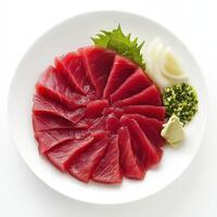 A plate of sashimi featuring thinly sliced tuna, garnished with wasabi and herbs. photo