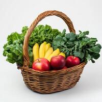A wicker basket filled with fresh fruits and vegetables, showcasing healthy food options photo