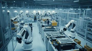 A high-tech manufacturing facility with robotic arms and workers assembling products photo