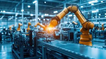Industrial scene featuring a robotic arm working on a production line. photo