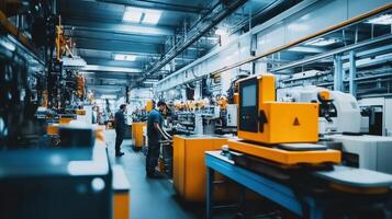 Modern industrial workspace with machinery and workers engaged in production tasks photo
