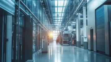 A modern industrial facility with sleek design and natural lighting, showcasing machinery and space photo