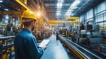 A worker in a safety helmet inspects machinery in a large industrial facility photo