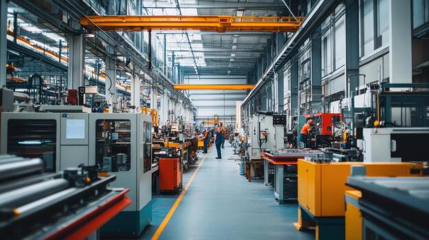 A spacious industrial factory filled with machines and workers, emphasizing manufacturing processes photo