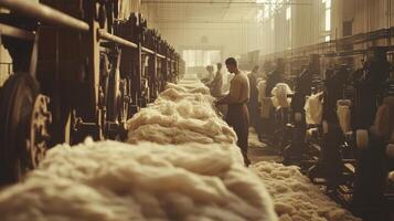 A textile factory interior with workers processing wool in a historical setting. photo