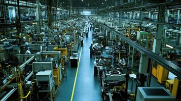 A spacious manufacturing facility filled with workers and machinery for production photo
