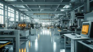 Modern industrial workspace with machinery and technology for manufacturing processes photo