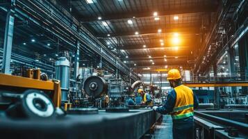Workers in a modern industrial facility, focused on machinery and production processes photo