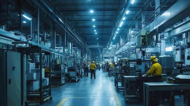 A dimly lit industrial workspace with machinery and workers. photo
