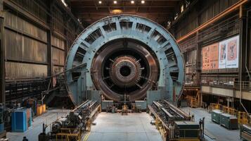 A large industrial machine in a factory setting, likely used for tunneling or construction. photo