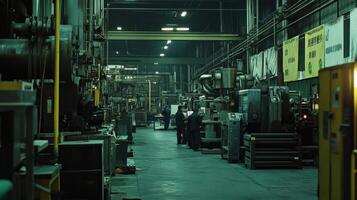 A dimly lit industrial facility with machinery and workers engaged in production tasks. photo