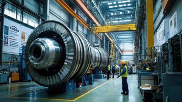 A large turbine is displayed in an industrial facility, showcasing engineering and manufacturing photo