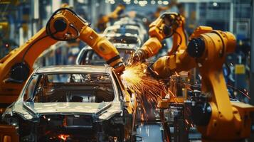 Robotic arms assembling vehicles in a manufacturing plant, creating sparks and precision. photo