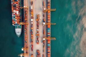 Aerial view of a busy shipping port with containers and cranes by the water photo