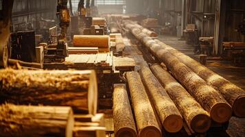 A lumber processing facility with logs and machinery in a well-lit industrial space. photo