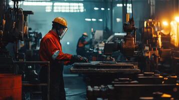 Workers in an industrial setting, focused on machinery and safety practices photo