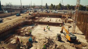 Construction site with workers, machinery, and building framework in progress photo