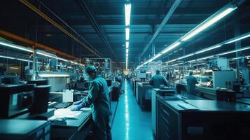 A busy industrial workspace with workers in lab coats engaged in manufacturing tasks photo