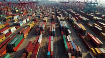Aerial view of a busy shipping container port filled with stacked cargo containers. photo
