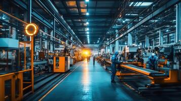 Industrial workspace with machinery and workers in a factory setting photo