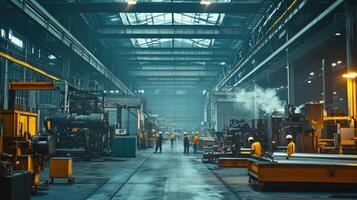 A spacious industrial warehouse with machinery and workers engaged in production activities. photo