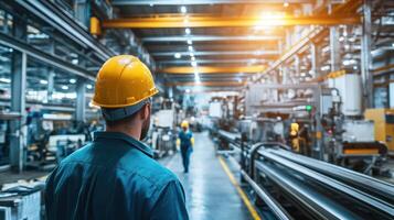 A worker in a factory observes operations in a well-lit industrial environment photo