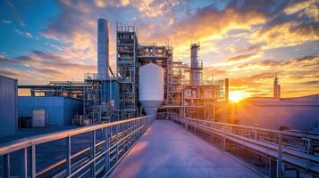 Industrial facility at sunset, showcasing machinery and structures with vibrant sky colors photo