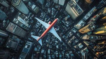 Aerial view of a cityscape with an airplane flying above the buildings photo