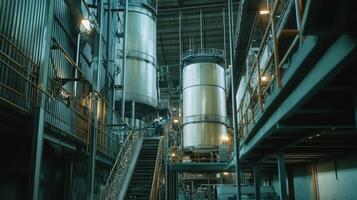 Industrial facility with large tanks and stairs, showcasing manufacturing processes. photo