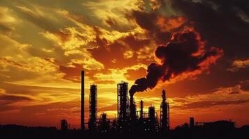 Industrial skyline at sunset, showcasing smoke and silhouettes of refinery structures. photo