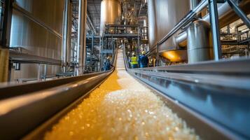 Industrial setting with a conveyor belt transporting plastic pellets in a manufacturing facility photo
