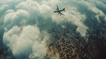 Aerial view of an airplane flying over a cityscape with clouds below photo
