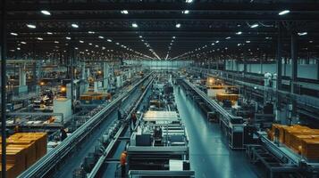 A vast industrial space with machinery and workers, focused on production and efficiency. photo