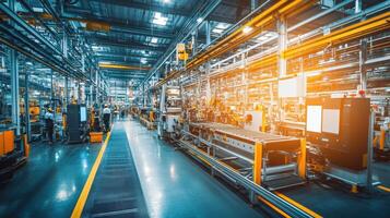 A modern industrial facility with machinery and assembly lines for manufacturing processes photo