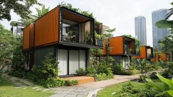 Modern eco-friendly houses with greenery, showcasing sustainable architecture photo
